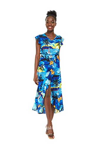 Matchable Couple Hawaiian Luau Shirt or Wrap Ruffle Dress in Sunset Neon2