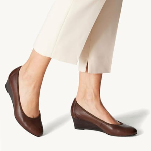 Women Comfortable Wedge Pumps Low Heel Closed Almond Toe Slip On Wedge Sandals Two-Toned Matte Leather Dress Shoes Office Ladies Work Wedding Party Dance Shoe Formal Classic Fall 4-11 M US3