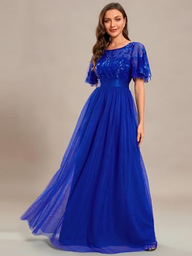 Image of Ever-Pretty Sequin Formal Prom Dresses for Women Ruffle Sleeves Empire Waist A-Line Long Mother of Bride Dress 00904