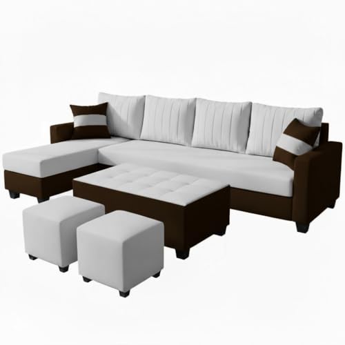 Image of FURNY Avenue 8 Seater Fabric LHS L Shape Sofa Set with 1 Centre Table & 2 Puffy (Light Grey-Dark Brown) Premium Velvet Finish