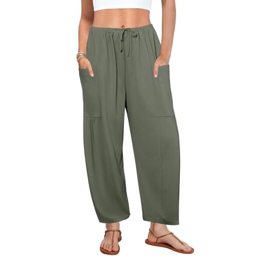 Flowy Wide Leg Pants for Women, Drawstring Palazzo Harem Pants Casual Beach Vacation Trousers with Pockets Army Green X-Small
