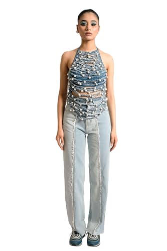 Pearl Braided Denim Halter Top | Sculptural Sleeveless Backless Statement
