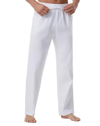 Men's Linen Pants Summer Yoga Beach Baggy Trousers Loose Fit Straight-Legs Elastic Drawstring Waist Casual Pants4