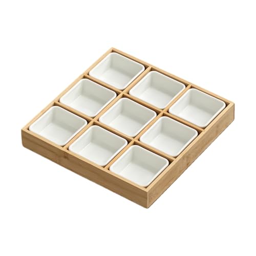 Samchu 竹製 9 コマ仕切りお皿 現代シンプルスタイル 囲炉裏お茶用 スナック・ドライフルーツ・鍋具材盛り付けトレイ 白小皿付き 食品用収納プレート (げんしょく色)