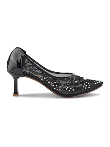 Image of TRYME Floral Embroidered Stiletto Heels for Women | Elegant Mesh High Heels with Stylish Feminine Design