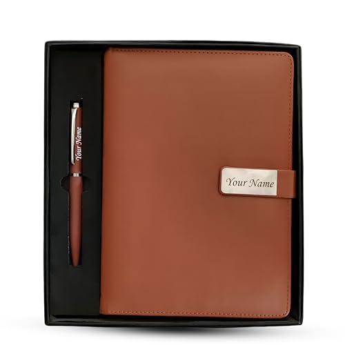 Image of SAVRI A5 Personalized Leather Diary & Engraved Pen - Custom Name Executive Notebook with Employee Name & Company Logo - Non-Dated, Joining Kit, Corporate Gift, Office, Travel & Birthday Gift (Tan)