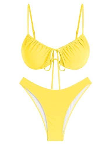 Image of ZAFUL Women High Cut Bikini Sets String Sexy Swimsuit Two Piece Underwire Bathing Suit Brazilian Cheeky Cut Out Cute Swimwear