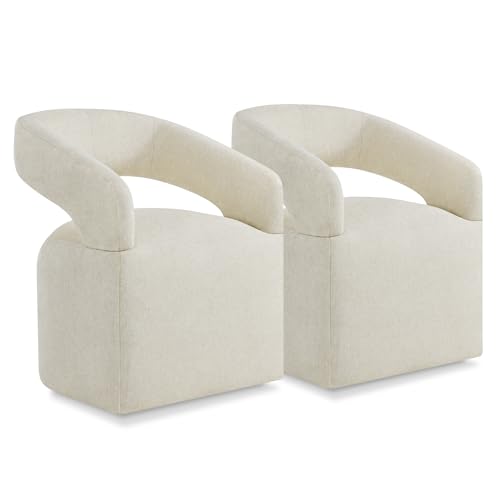 Image of KISLOT Upholstered Dining Chairs with Casters Easy Assembly Require Modern Barrel Armchair with Rollers for Diningroom Bedroom Livingroom Reading Room,Set of 2,Cream Beige