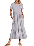 ANRABESS Women Summer Casual Short Sleeve Crewneck Aline Swing Flowy Tiered Shirt Maxi Beach Long Dress 2025 Trendy Outfits Large Light Gray