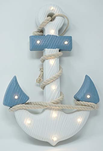 CBK-MS Holzanker blau/Weiss mit Seil Maritime Shabby Dekoration Anker mit LED Beleuchtung 12 LEDs warmweiss