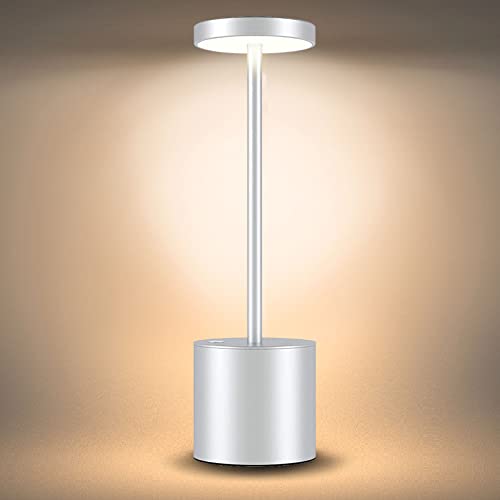 Cordless Table Lamps,Rechargeable Battery ,3200mAh Battery Operated Dimmable small table lamp for Bedside Lamp / Livingroom/Reading/Bars/outdoor/Home Patio Light/Restaurant (10.15 inches, Silver)