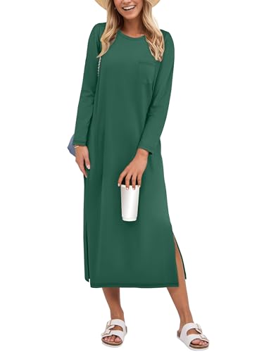 Image of ANRABESS Womens 3 /4 Sleeve Midi T Shirt Fall Dresses | Striped Solid Floral,Long Sleeve Slit Crew Neck &Chest Pocket,2026 Fall Outfits,Casual Travel Vacation Clothes,Summer Spring