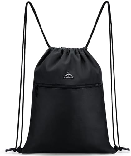 Haimont Drawstring Backpack Men Women Gym Sports String Bag, Water-Resistant Cinch Sackpack with Wet Compartment for Day Trip, Travel, Swim, Black
