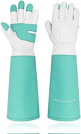 HANDLANDY Long Gardening Gloves for Men & Women, Thorn Proof Rose Pruning Gloves Leather Gauntlets Garden Gloves Yard Work Gloves (XS, Green)