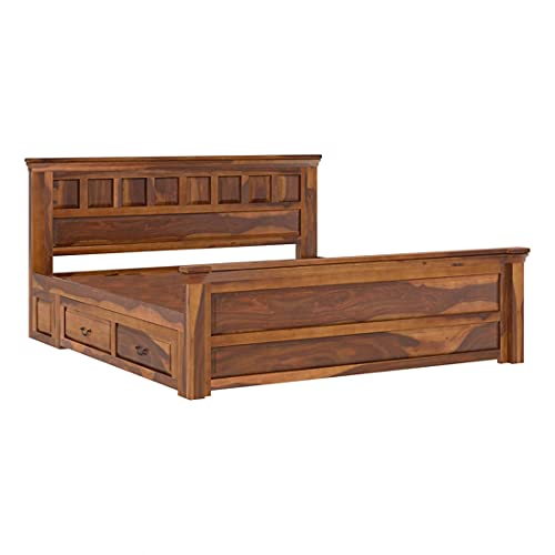 Image of Torque Allen Solid Wood King Size Bed with Storage Drawer - Brown | Wooden Palang Diwan Cot for Living Room Furniture | Double Bed for Sleeping