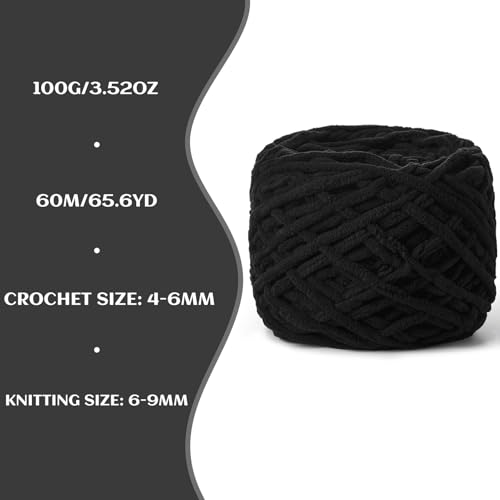 Image of 3 Pack Fluffy Chenille Chunky Yarn for Crocheting 100g(65.6yd) - Baby Yarn for Crocheting Soft - Velvet Yarns for Crochet Blanket - Amigurumi Crochet Yarns(Black