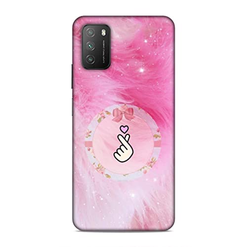 Image of Printed Mobile Back Hard Case Cover for Xiaomi Poco M3 | Finger Hearts, Pink Feathers, Soft Furr -2191