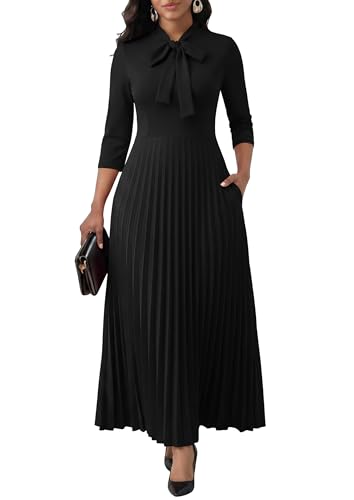Image of FANDEE Maxi Dress for Women Formal 3 /4 Sleeve Pleated Empire Long Dress Semi Formal Tie Neck Office Work Dresses