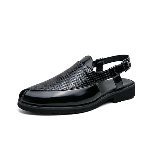 Sandalias de punta cerrada para hombre con correa de hebilla ajustable, antideslizantes, transpirables, puntiagudas, tacón de bloque, sandalias para negocios, oficina, zapatos de vestir, Black, 38 2/3