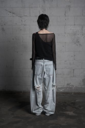 London PARFUMS Archive Hard Damage Washed Curved Jeans, Light Blue, Low-Rise Vintage Denim with Distressed Details3