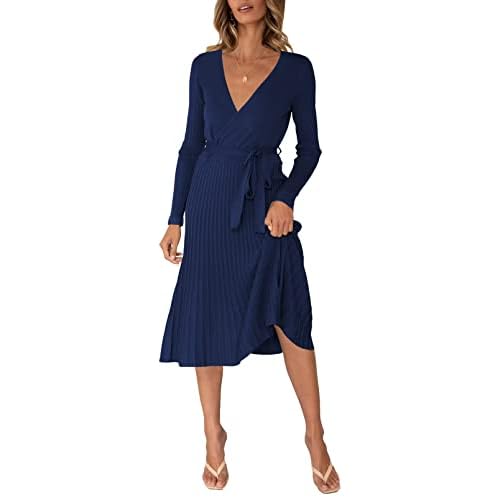 Pink Queen Women's Wrap Sweater Dress V Neck Long Sleeve Ribbed Swing Knit Midi Dresses with Belt Small Black