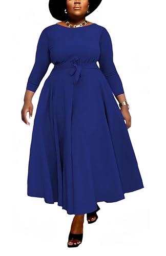 Image of Hostoyo Women Plus Size Formal A Line Maxi Dress Self Tie Waist with Pockets Elegant Round Neck Swing Long Dresses