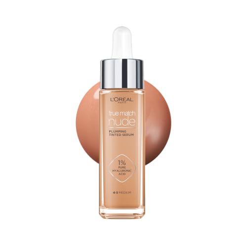LOréal Paris Nude Tinted Serum for Face Plumping and Hydrating Face Makeup 1 Percent Pure Hyaluronic Acid Nude Foundation to Cover Replumps and Hydrates Skin in One Hour Shade 4-5 Medium