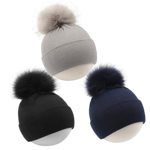 Baby Beanie Hat, Infant Toddler Warm Cotton Hat with Pom,Unisex Baby Soft Cotton Hats Caps