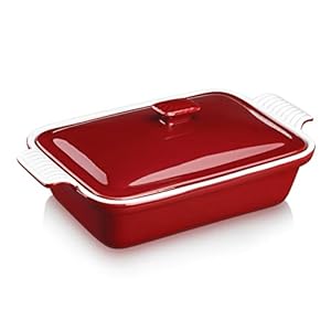 vancasso Blossom Casserole Dish With Lid, 12×7 Lasagna Pan Deep with Lid, 1.9 Quart baking dish with lid Ceramic Casserole Dish Set, Oven, Microwave Safe, Red