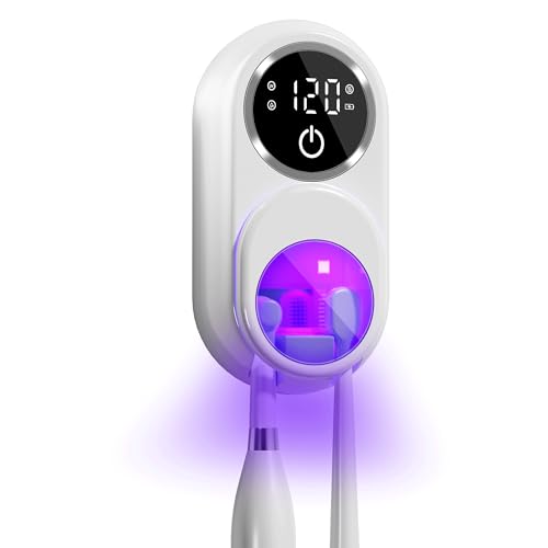 Cradiroses UV Toothbrush Sanitizer Holder, Wall Mounted Automatic Cleaner with Heated Fan Drying, 2 Slots Rechargeable LED Smart Screen for Bathroom Electric Toothbrush