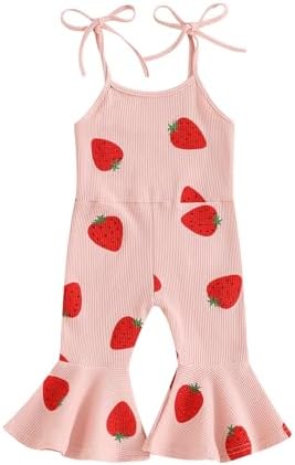 Toddler Baby Girl Romper Overalls Outfit Plaid Jumpsuit Floral Strawberry Birthday Flare Pants Summer Clothes (B5 Strawberry Pink, 12-18 Months)