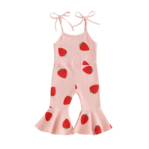 Toddler Girl Floral Flare Jumpsuit Baby Bell Bottom Romper Sleeveless Backless Overalls Summer Outfit(Strawberry,12-18 Months)
