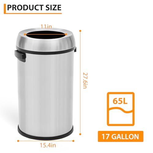 Image of 65L /17 Gal Commercial Trash Can, Round Open Top Trash Can, Large Capacity Waste Bin for Indoor /Outdoor Businesses Use, Stainless Steel Garbage Bin for Home Office Cafes Shopping Mall, Silver