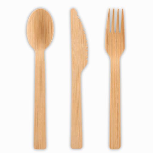 Bamboo Disposable Cutlery Set-300 Count, Forks, Knives, Spoons?Bamboo Environmentally Degradable Flatware,Suitable For Family Parties, Weddings, Travel, Outdoor Picnics, Durable Without Deformation