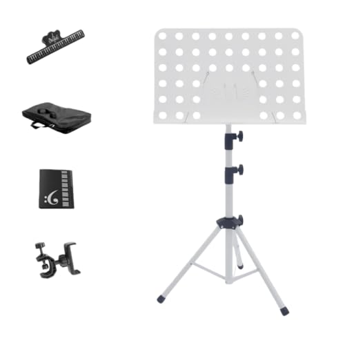 YFFY 譜面台、楽譜スタンド、折りたたみ式、金属製、軽量で持ち運びに便利、 コンパクト、高さ調節可能、強化された三角形の構造、安定させる、角度調整、、練習、演奏、楽譜や本に適しています (ホワイト,45*30cm)