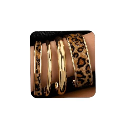 ZMJK Leopard Print Bangle Bracelets for Women Gold Polished Chunky Bracelets Wide Wrist Cuff Stack Bracelets Trendy Open Cheetah Leather Bangle Set for Women Statement Jewelry (Leopard Bangles-4pcs)