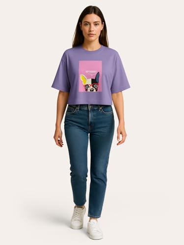 Image of HELLCAT Beige Printed Loose Fit Crew-Neck Crop T-Shirt for Women