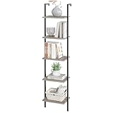 ELYKEN Ladder Shelf, 5-Tier Wood Wall Mounted Bookshelf with Metal Frame, Vintage Open Display Organizer Rack, Leaning Storage Shelves for Living Room, Bedroom, Home Office, Greige