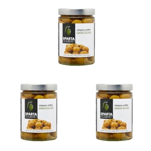 Image of Sparta Gourmet Jalapeno Stuffed Green Olives • Vegan & Non-GMO Verified, 20.46 oz ℮ 580 g (Pack of 3)