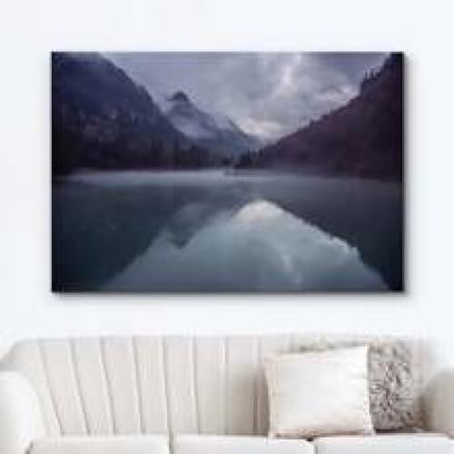 Impression toile montagne brumeuse grand format violet bleu 80x120 - 2