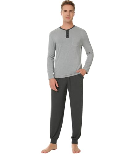 Image of NACHILA Mens Pajamas Set Long Sleeve Henley Sleepwear Top Soft Jogger Pants Pajamas Cool Pjs Set,Viscose Made from Bamboo