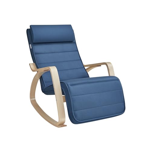 SONGMICS Schaukelstuhl, mit Armlehnen aus Birkenholz, Schaukelsessel, 5-Fach verstellbare Fußstütze, bis 150 kg belastbar, für Schlafzimmer, Wohnzimmer, mitternachtsblau-naturfarben LYY010Q01