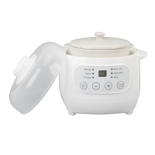Stew Pot, Electric Stew Cooker Automatic Ceramic Electric Stew Pot Multifunction Cooking Pot Mini Slow Cooker Ceramic Soup Pot with Steam Basket Timer Pre Settings for Soup