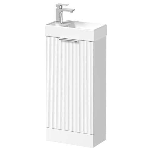 Fluted 400mm Bathroom Vanity Unit Ceramic Wash Sink, Cloakroom Storage Furniture Under Basin Cabinet Floorstanding Cupboard, Matt White