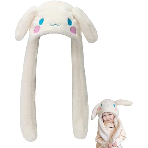 Maikerry Anime Plush Dog Ear Moving Jumping Hat,Kawaii Fluffy Beanie Cap,Cartoon Warm Winter Hat for Women Girls White Cover