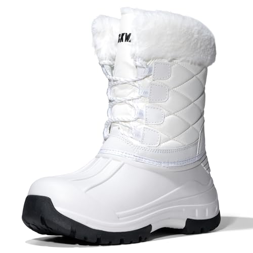LACKWAR Snow Boots for Women Waterproof Mid Calf Duck Boots Lightweight Warm Anti-Slip Hiking Walking Faux Fur Lined Women's Winter Snow Boots for Outdoor(white7)