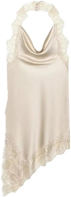 Women Satin Dress Neck with Lace Detail Sleeveless Asymmetric Hem Short Dresses