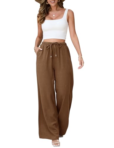 Image of UMIPUBO Womens Linen Pants Flowy Palazzo Wide Leg Pants | Casual Pants,High Waisted Drawstring Trousers,Drawstring Elastic Waist Trousers,Summer Beach Vacation Pants