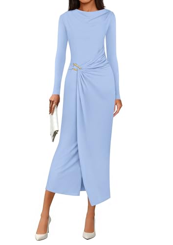 Image of PRETTYGARDEN Women's Fall Cocktail Holiday Midi Dresses | Long Sleeve Cowl Neck, Bodycon Fitted, Ruched Asymmetrical, Elegant Semi Formal, Wedding Guest Party, Fashion Clothing