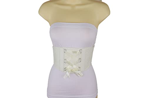 Women Cream Corset Fashion Belt - Elastic Wide Waistband High Waist Fabric Tie Floral Lace Size S M2